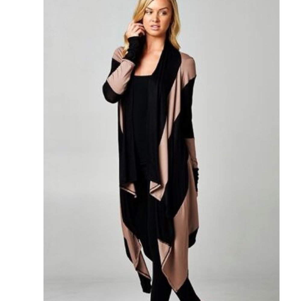 Khaki and Black Stripe Color Block High Low Stretch Lightweight Cardigan NEW - Picture 2 of 2